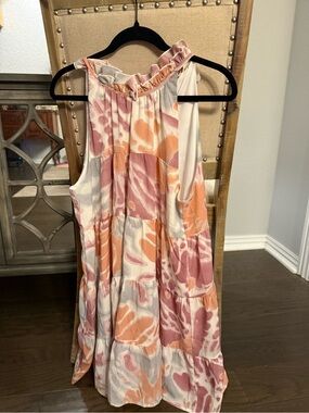 entro Pastel Watercolor Ruffle Sundress in Pink, Peach & Gray